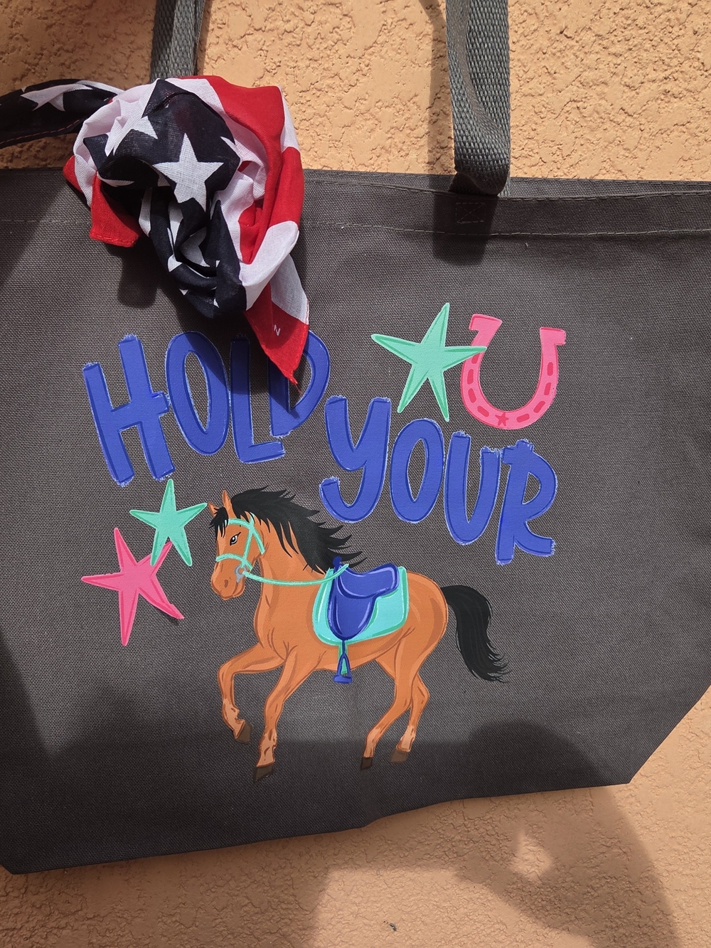 Hold Your Horse Graphic Tote Bag in Black with Neon Accents
